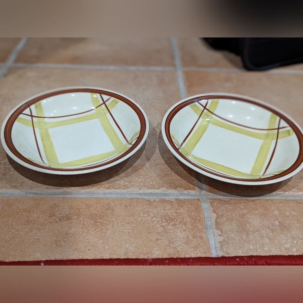 Two Edwin Knowles Yellow and Brown Plaid  Bowls. No Chips.